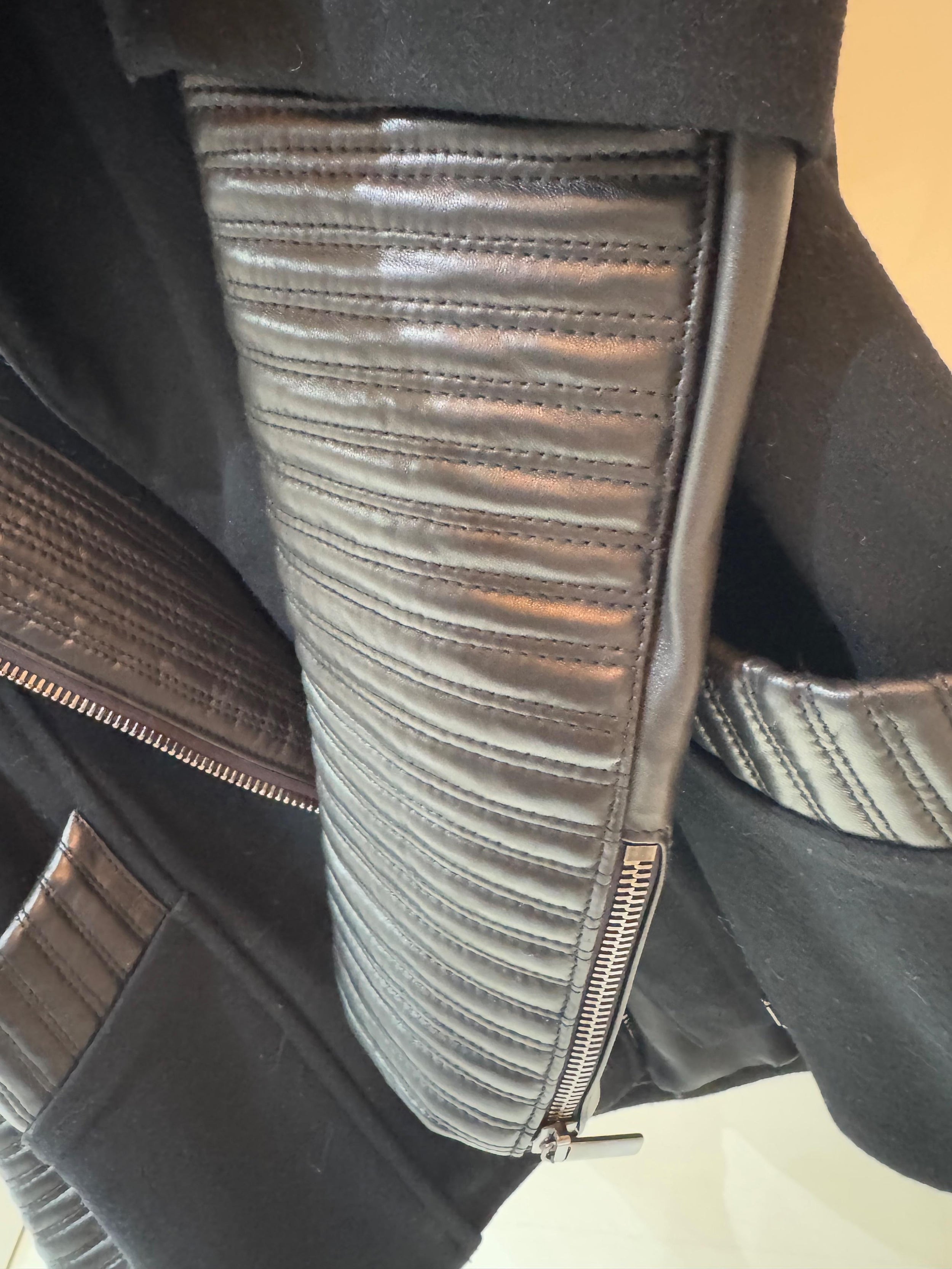 Nour Hammour Black Leather and Wool Biker Jacket