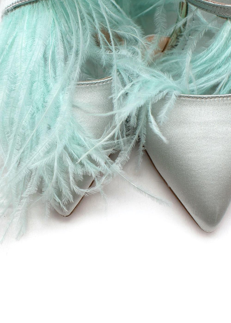Green Ostrich Feather Satin Slingbacks