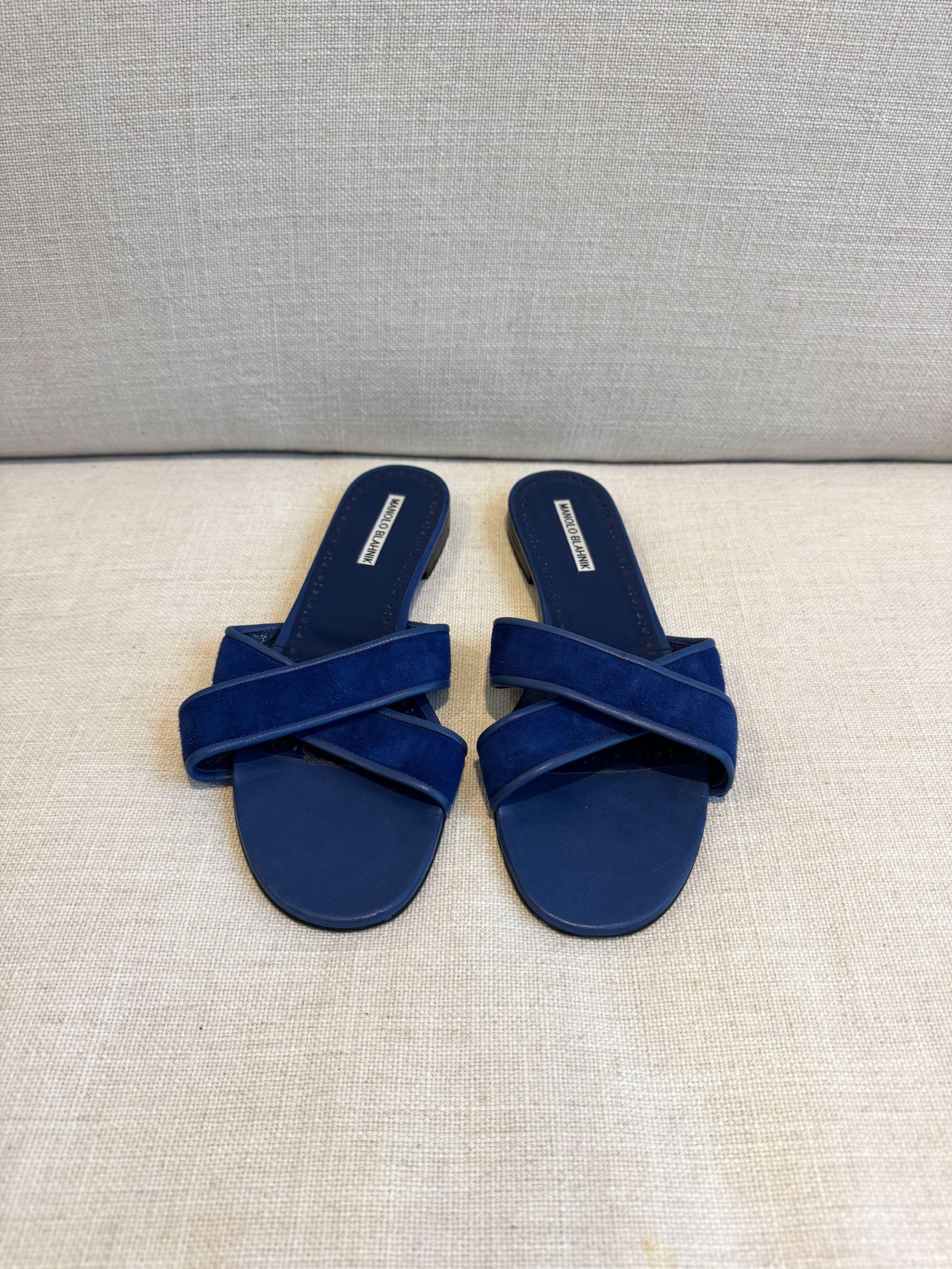 Manolo Blahnik Blue Suede Flat Sandals