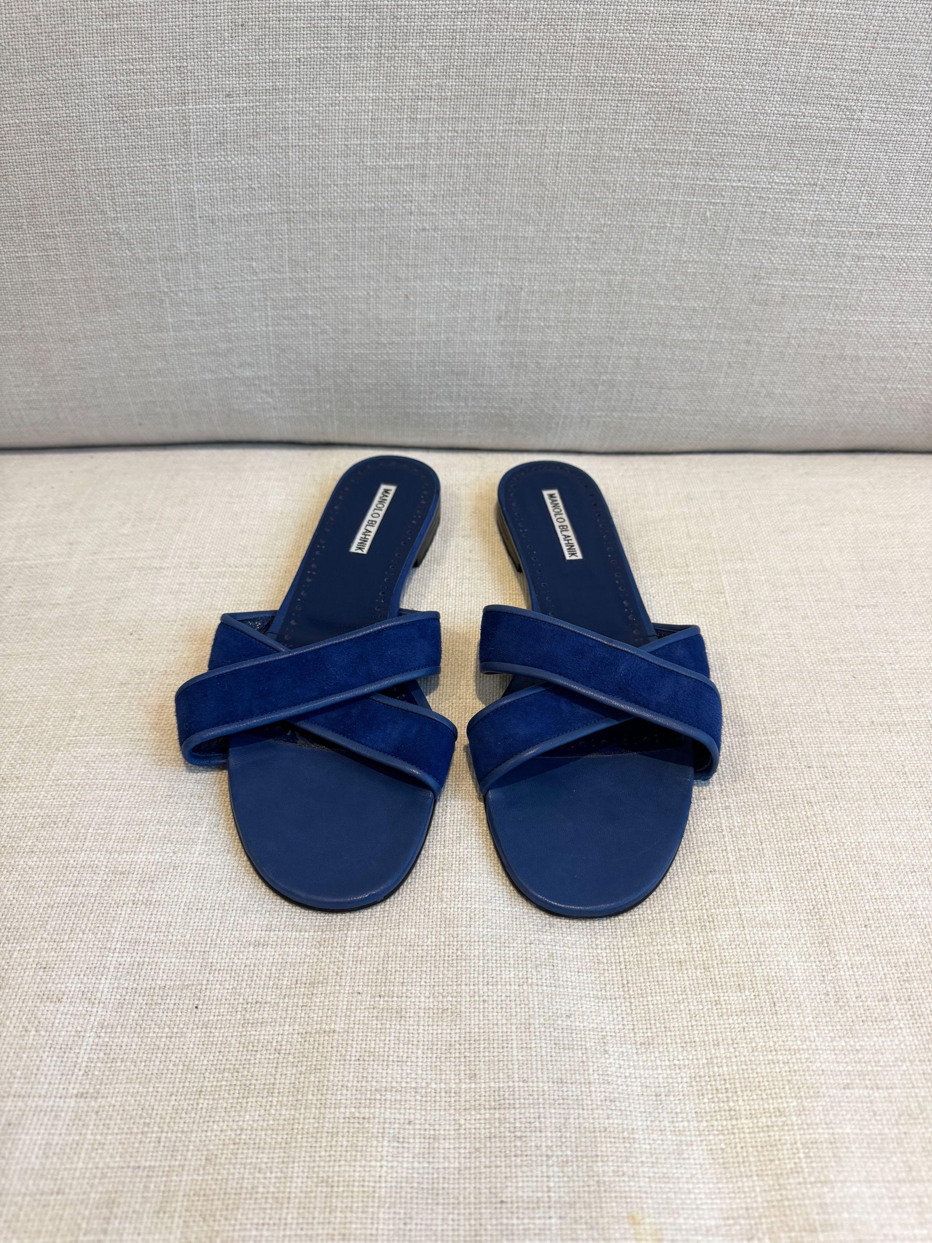 Manolo Blahnik Blue Suede Flat Sandals