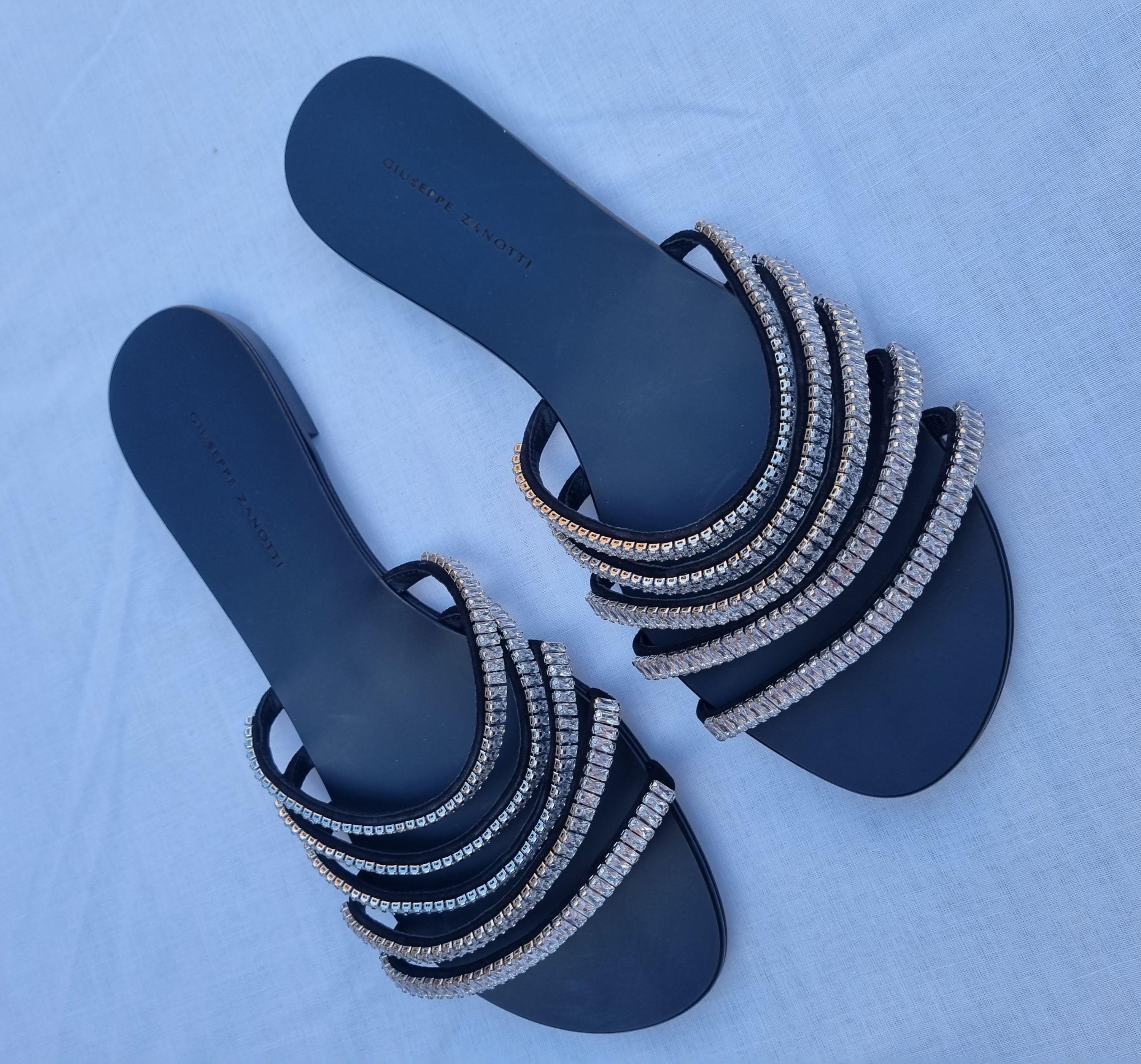 Black Crystal Embellished Flat Sandals