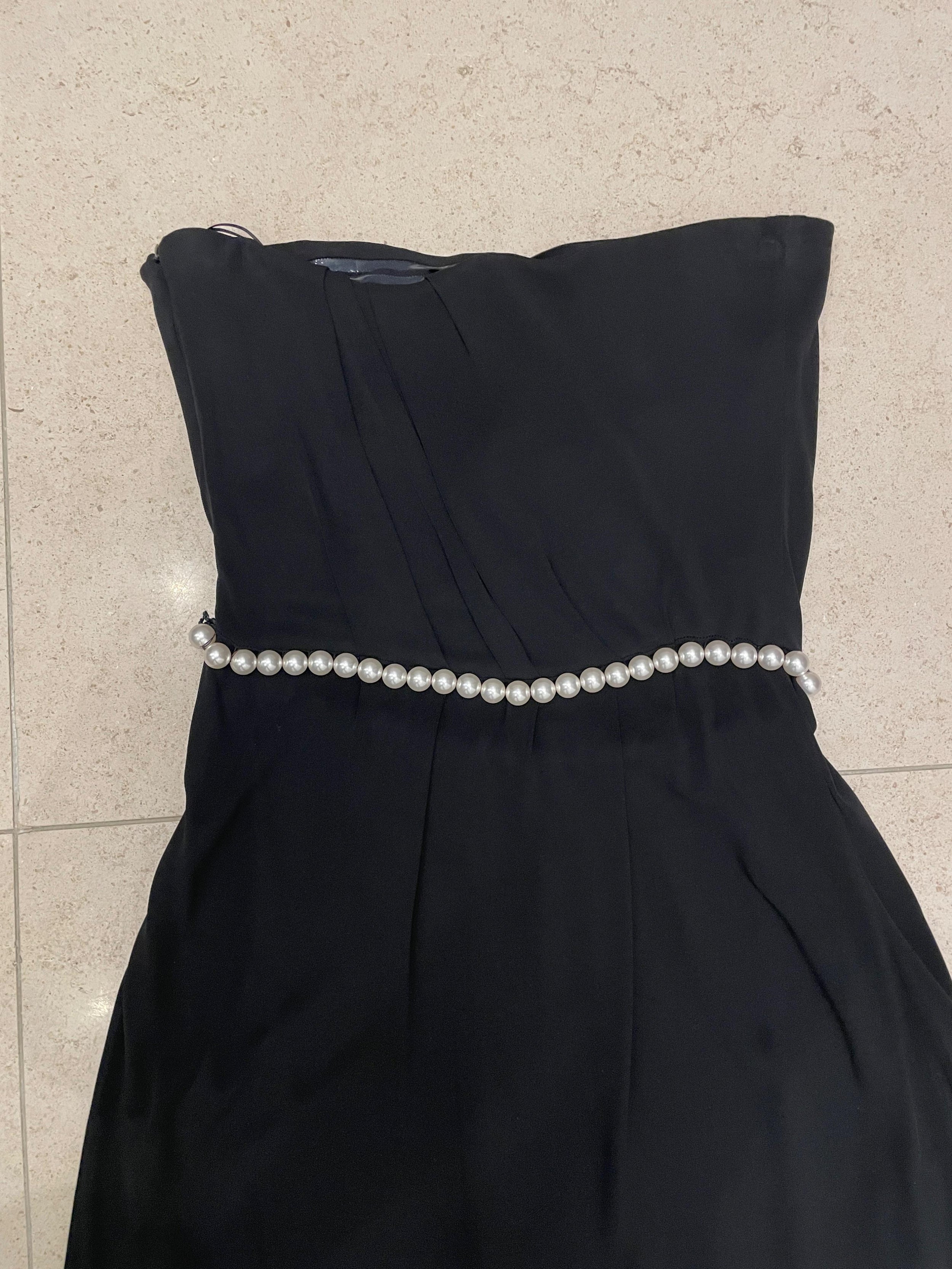 Black Strapless Faux Pearl Belt Detail Dress