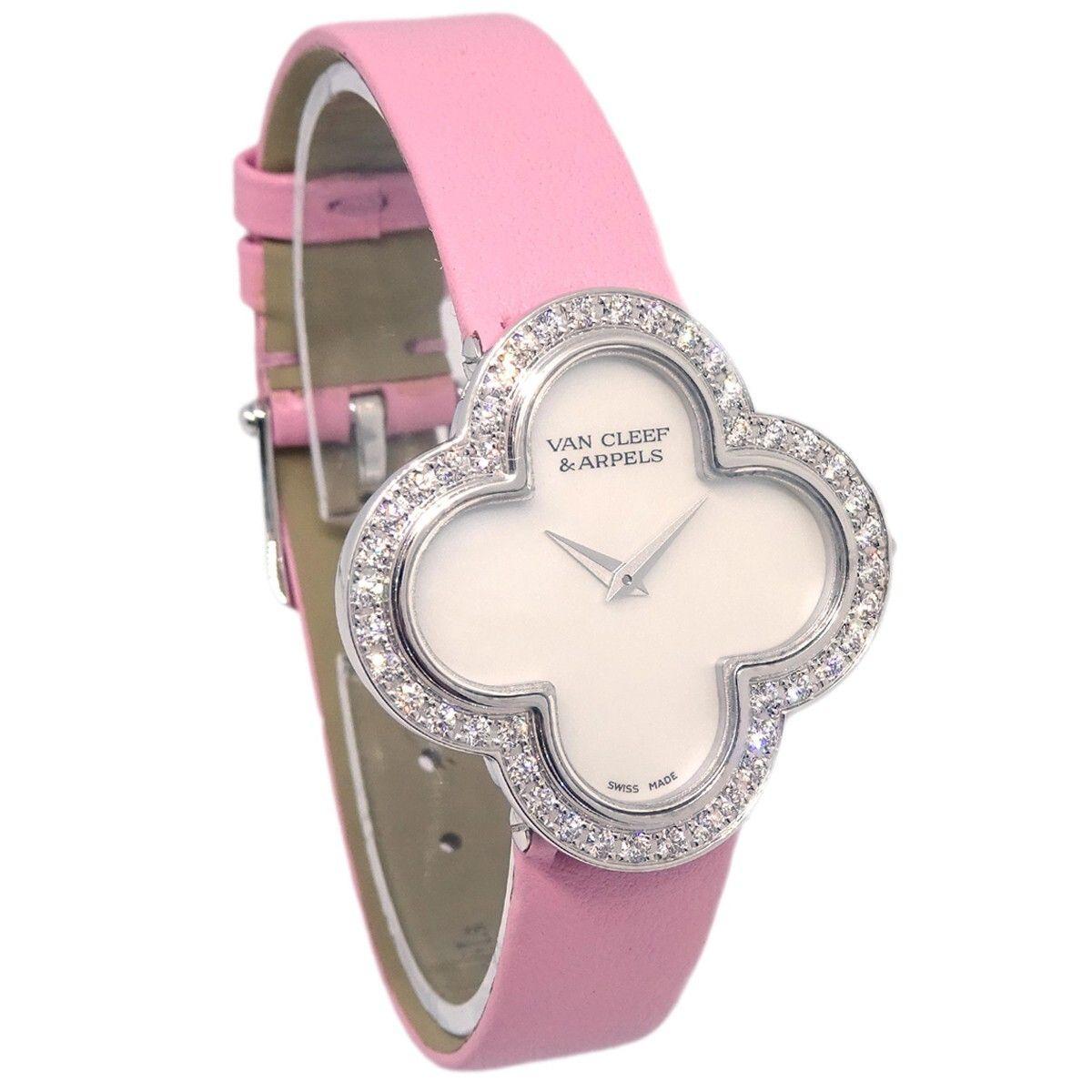 Van Cleef & Arpels Alhambra Quartz Watch White Gold and Satin with Diamond Bezel and Mother of Pearl 26