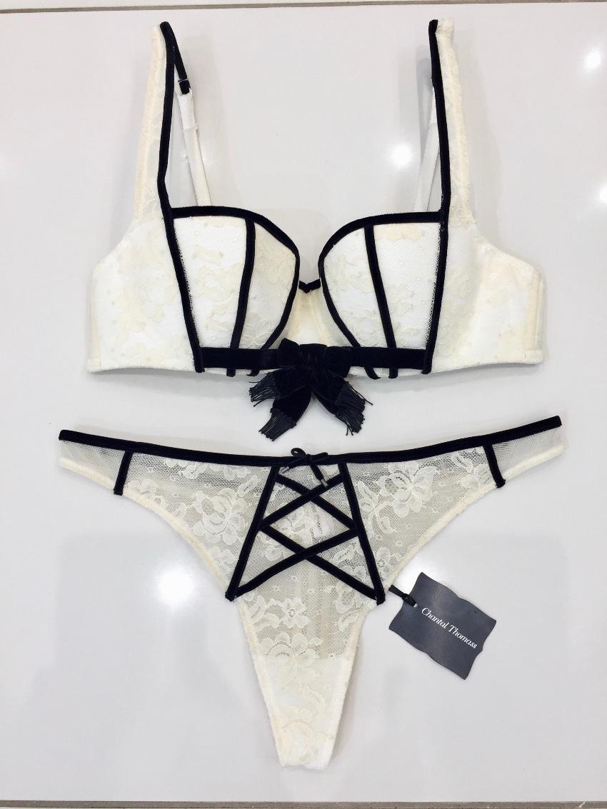 Chantal Thomass Couture Leavers Lace & Velvet Pad Corset Bra & Thong