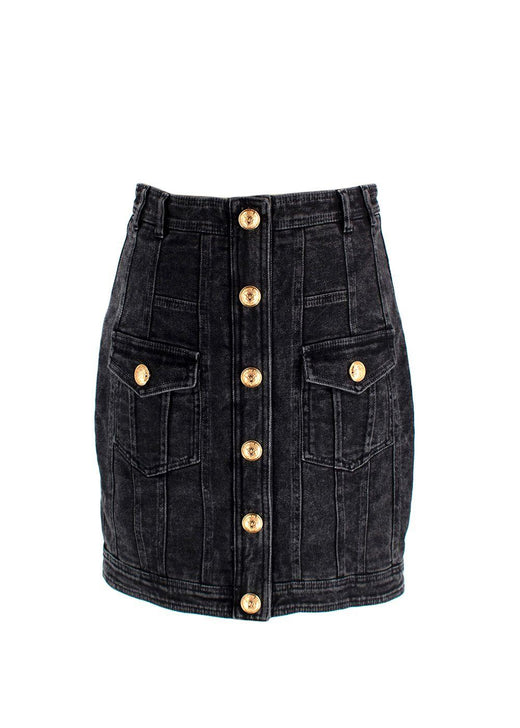 Balmain Black Denim Skirt with Gold Button Detail