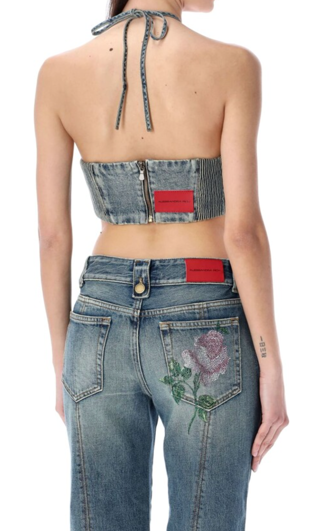 Alessandra Rich Embellished Rose Denim Halterneck Top & Jeans Set