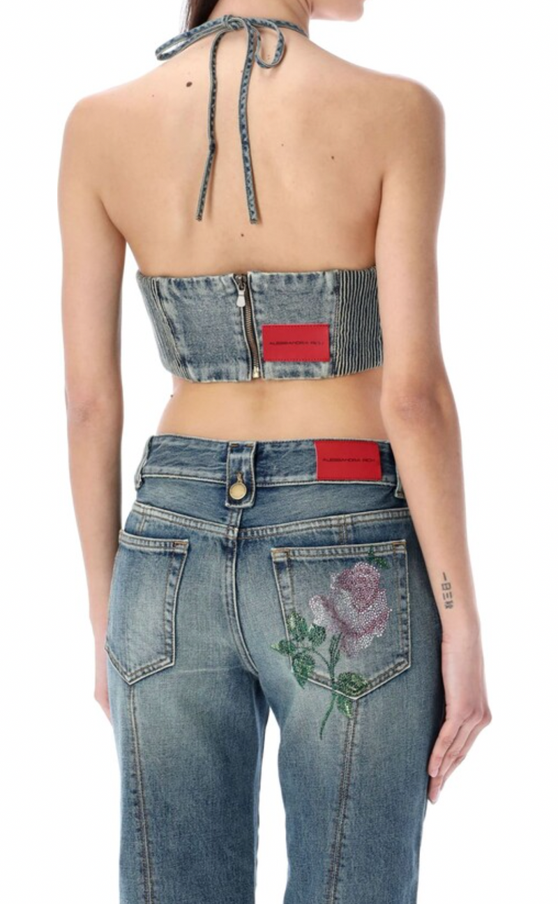 Alessandra Rich Embellished Rose Denim Halterneck Top & Jeans Set
