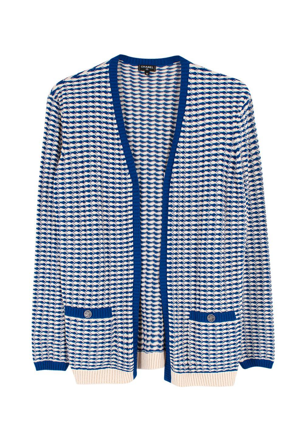 Chanel Blue and White Cotton Blend Tweed Open Cardigan