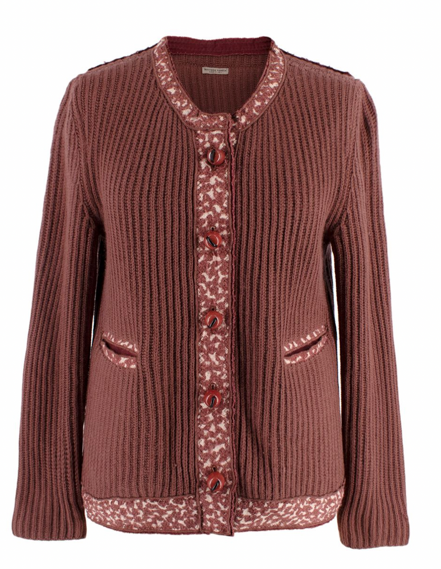 Bottega Veneta Ribbed Knit Dark Rose Cashmere Cardigan