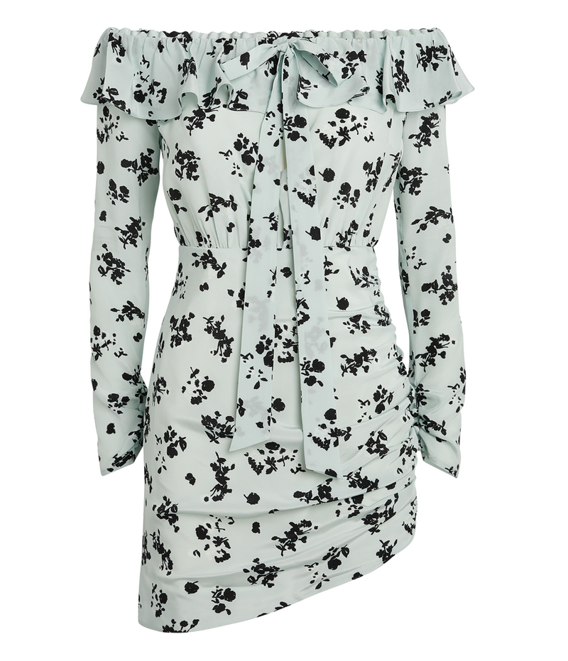 Alessandra Rich Printed Off-The-Shoulder Silk Mini Dress