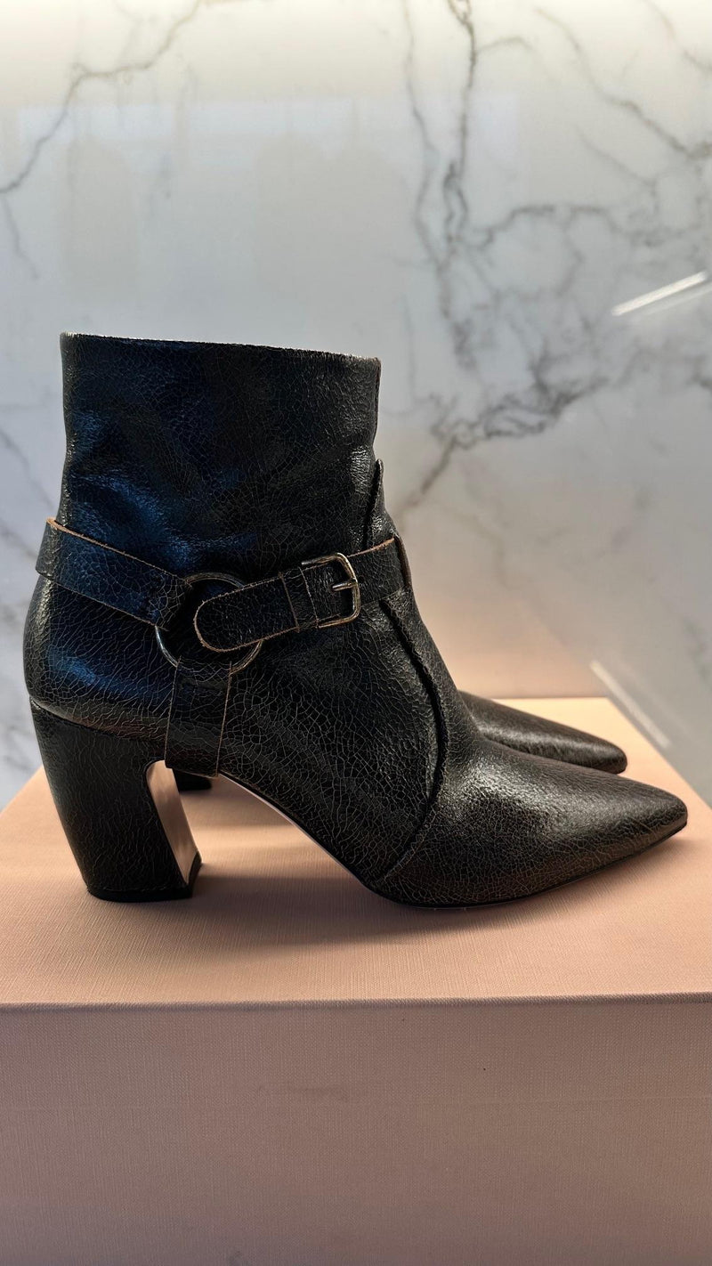 Eabno Leather Buckle Detail Ankle Boots