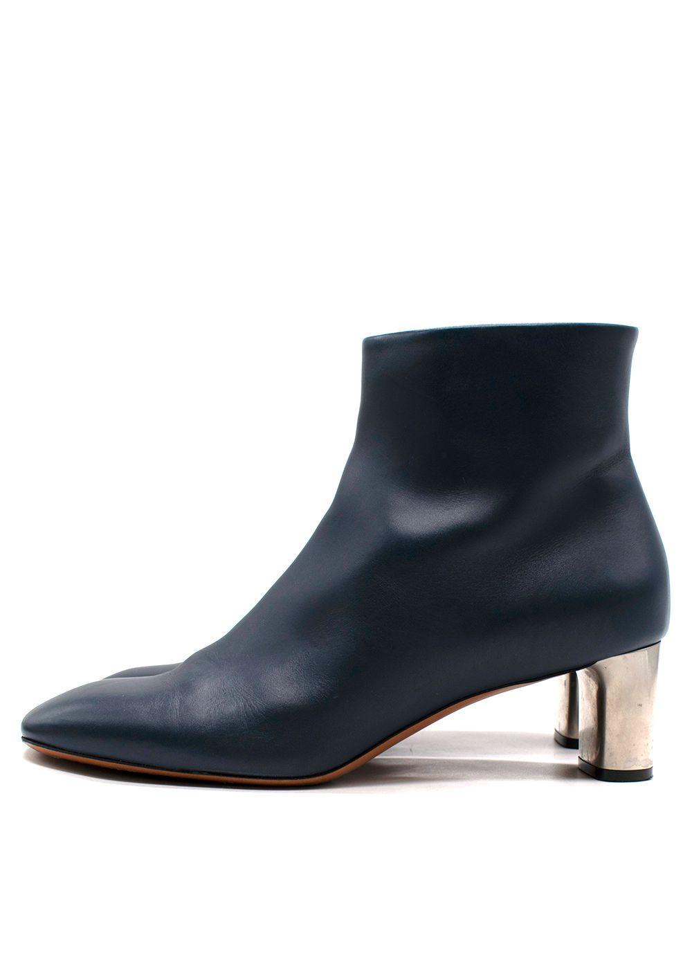 Celine Navy Leather Silver Brushed Heel Ankle Boot