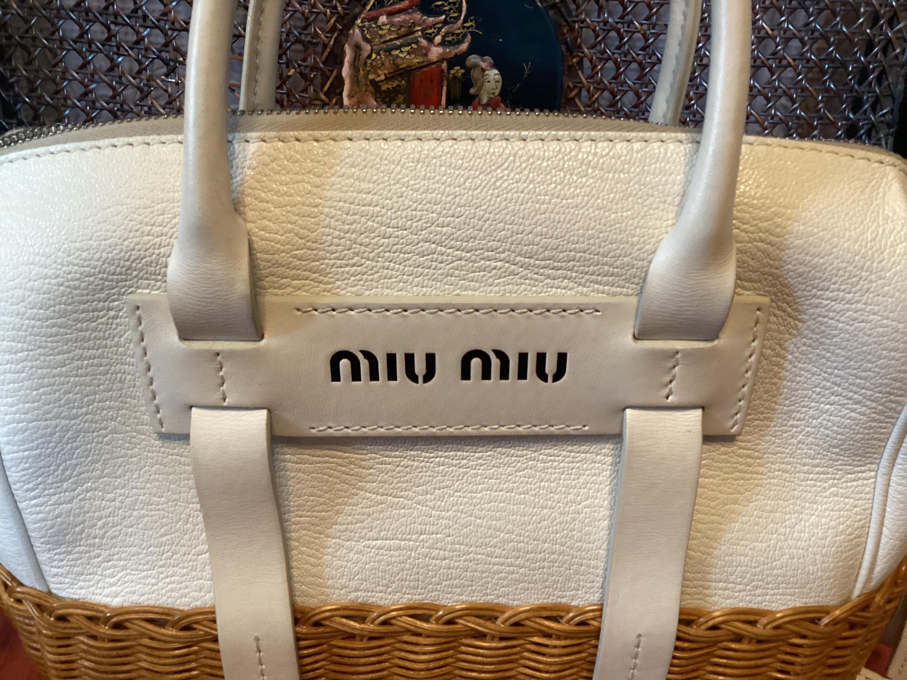 Miu Miu White Midollino Leather and Raffia Top Handle Bag