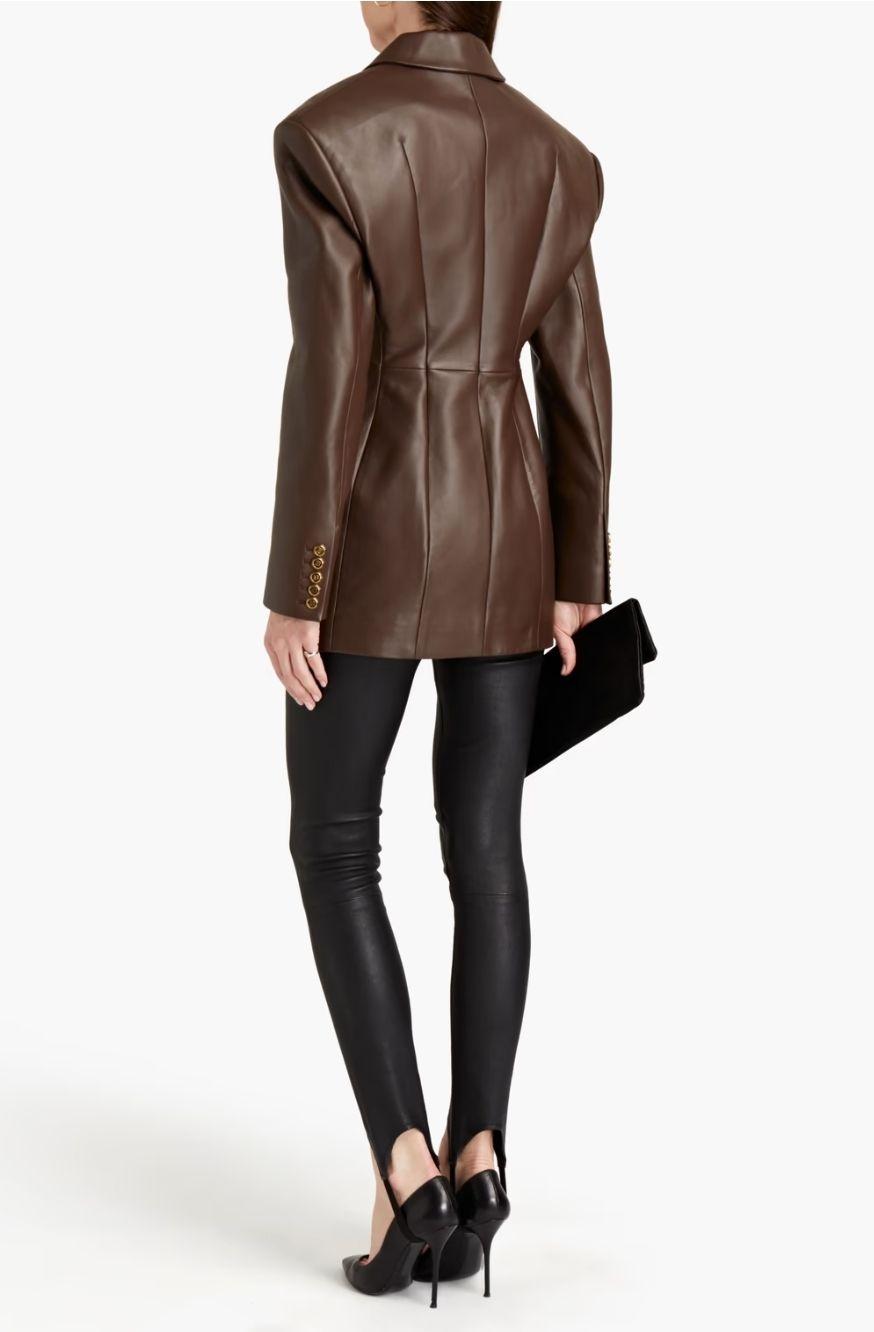 Balmain Brown Ruched Leather Blazer