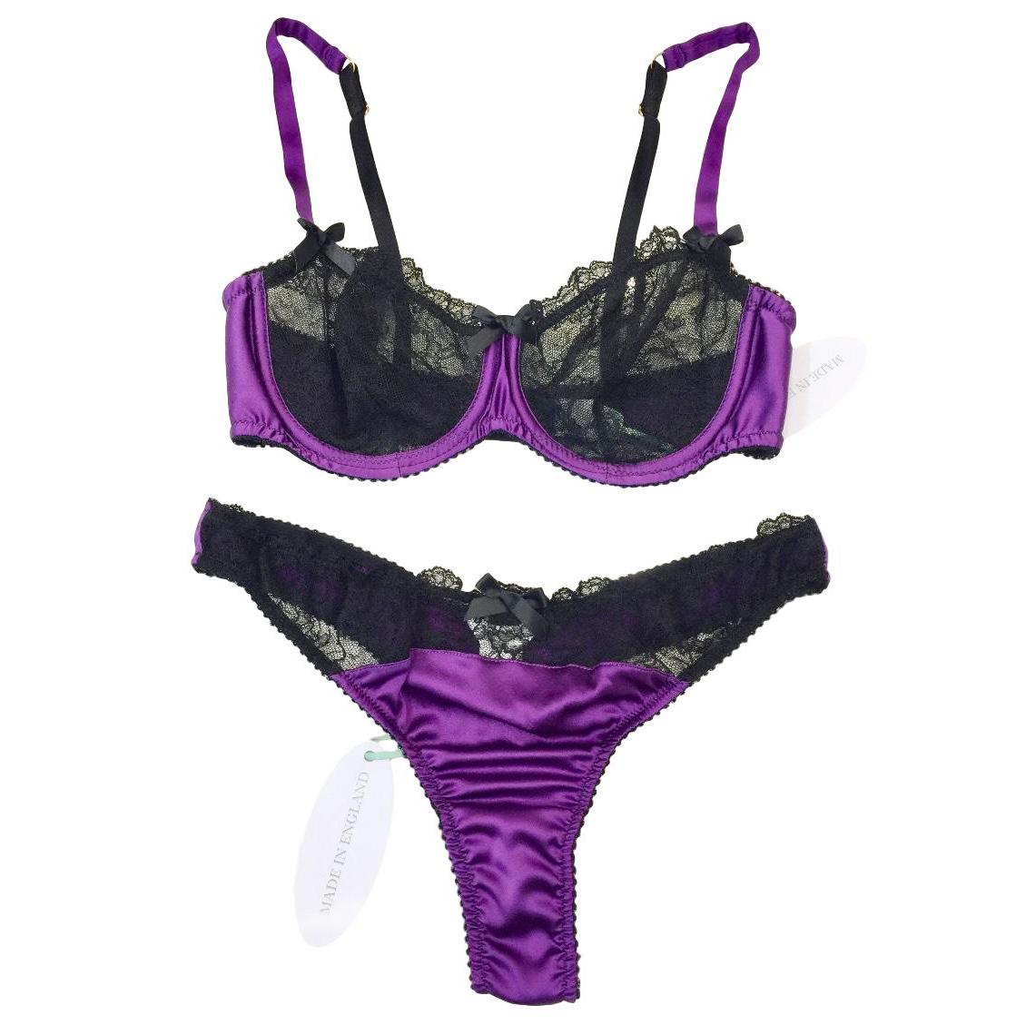 Lucile Purple Silk & Black Leavers Lace Underwired Bra & Thong Set