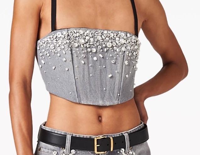 Miu Miu Grey Embellished Denim Cropped Top