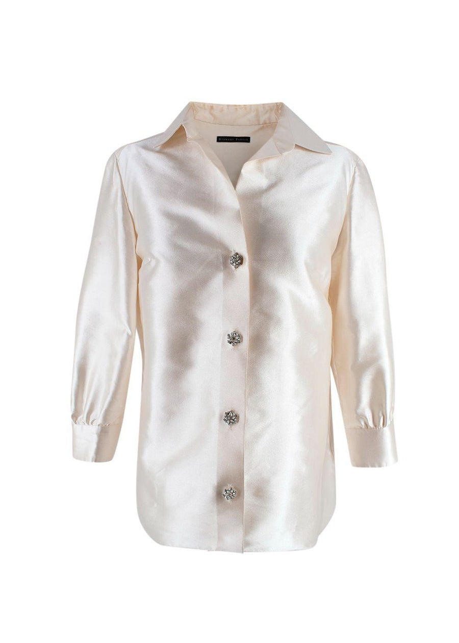 Stewart Parvin Cream Satin Crystal Detail Button Shirt