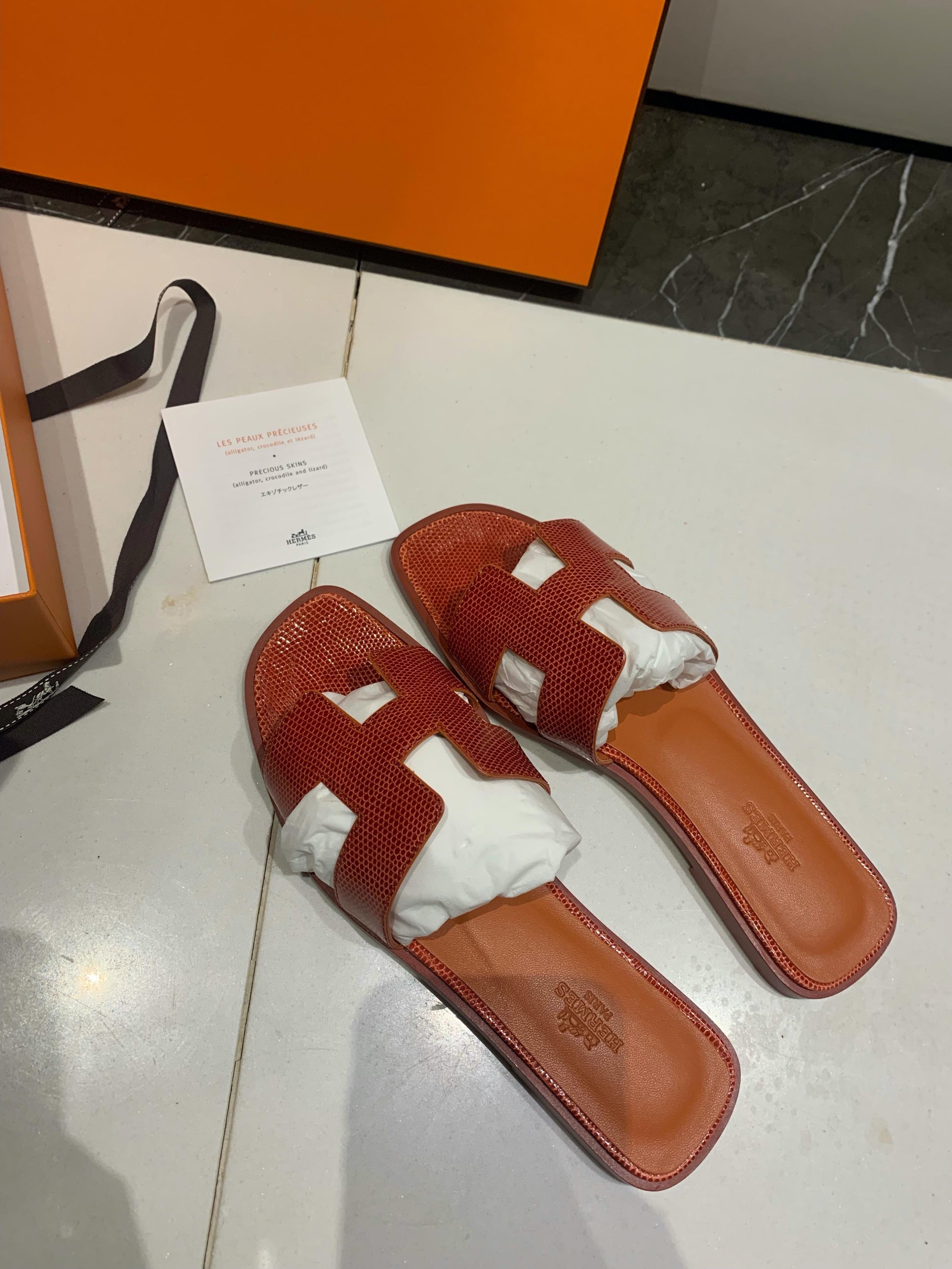 Hermes Rouge Coccinelle Lizard Oran Sandals