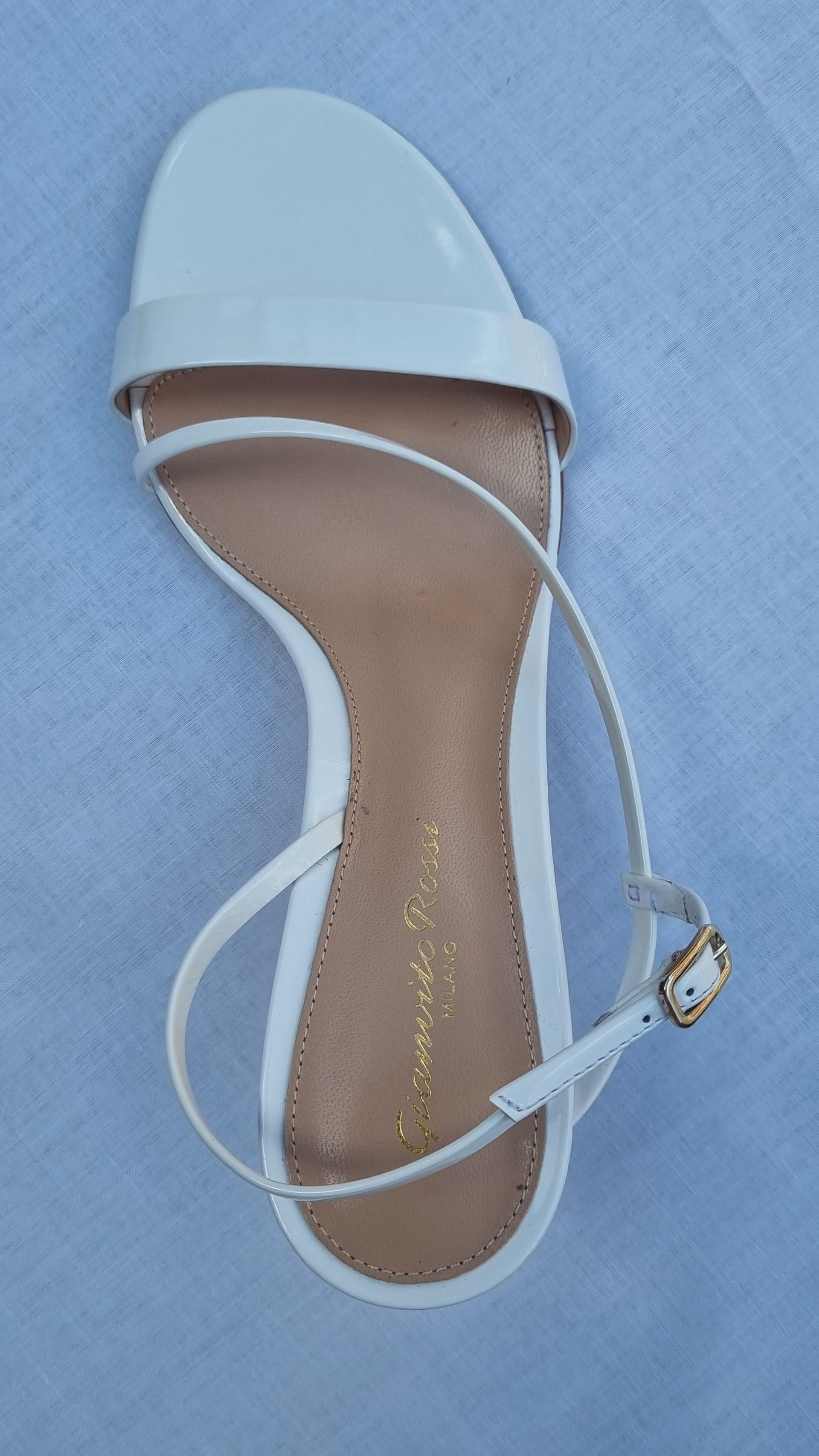 White patent leather strapped heeled sandals