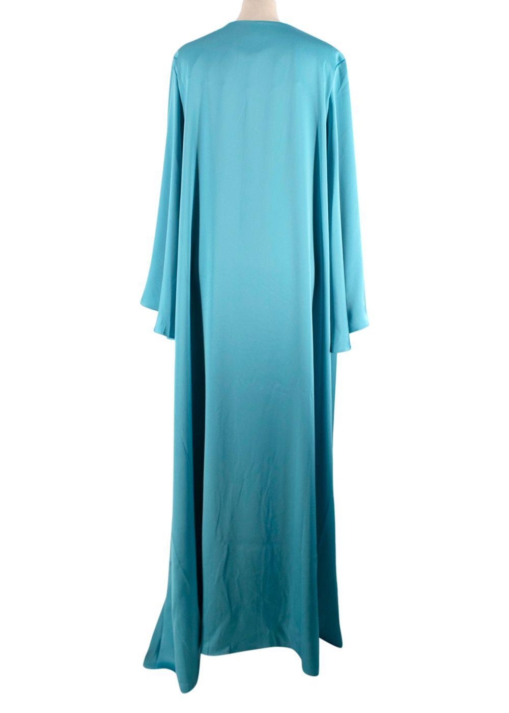 Elegant Embroidery Teal Satin Floral Applique Kaftan