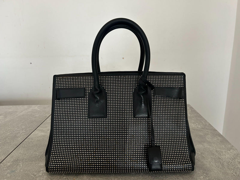 Black Leather Small Studded Sac de Jour Tote Bag