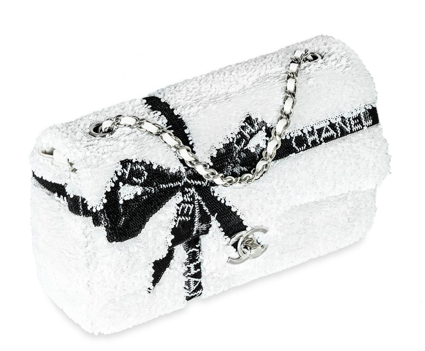 Chanel White & Black Sequin Bow Mini Flap Bag