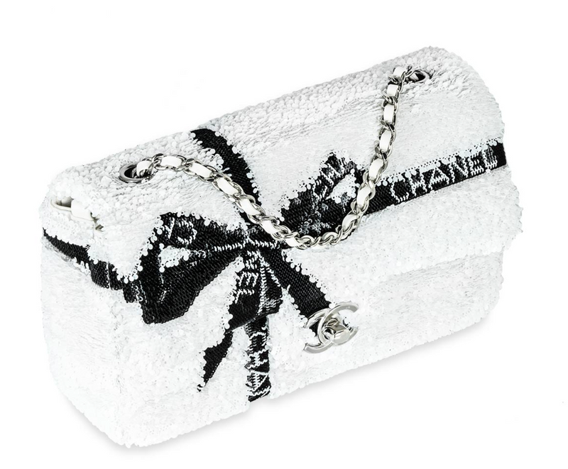 Chanel White & Black Sequin Bow Mini Flap Bag