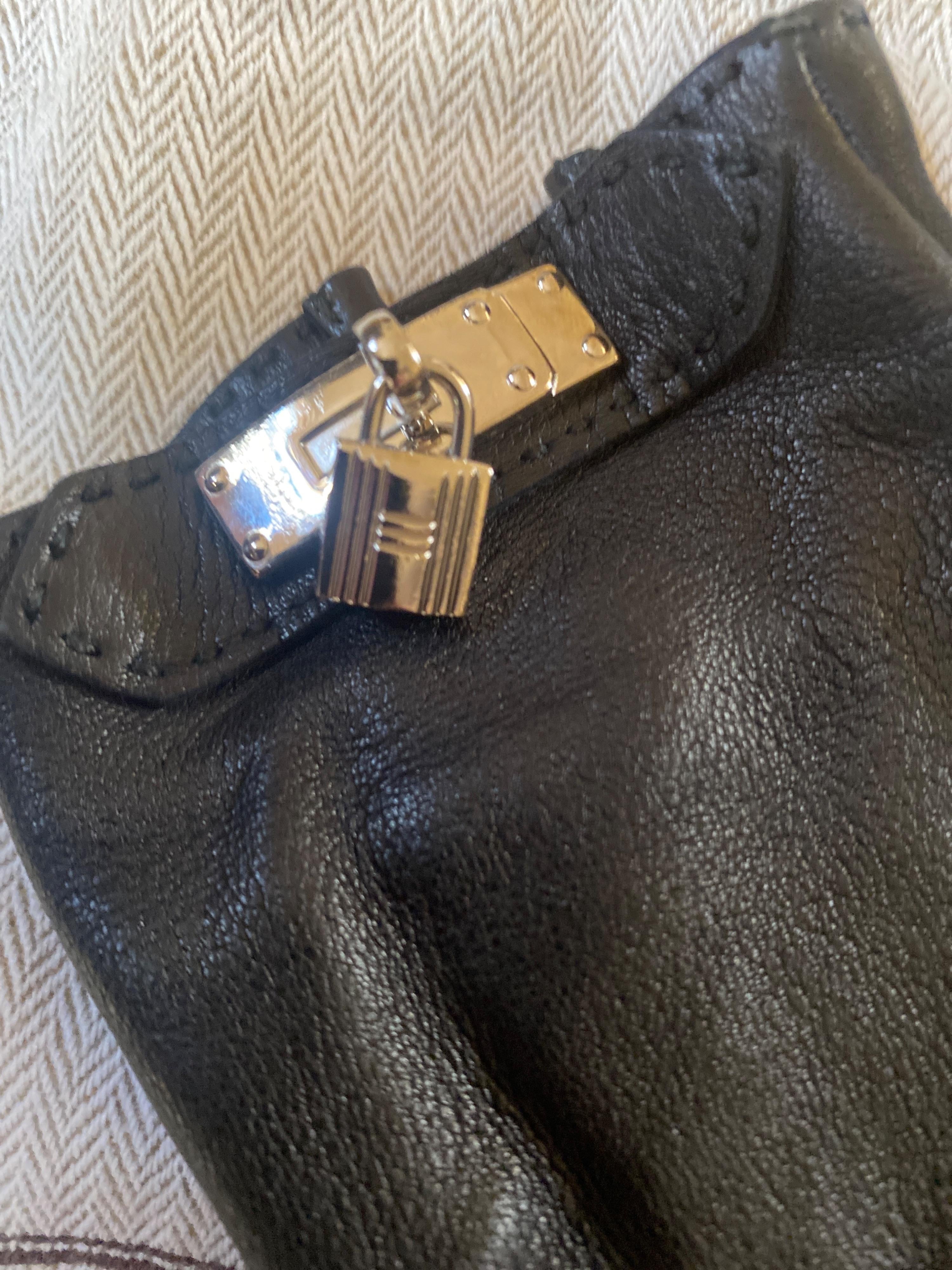 Hermes Black Leather Kelly Lock Gloves with Palladium Hardware