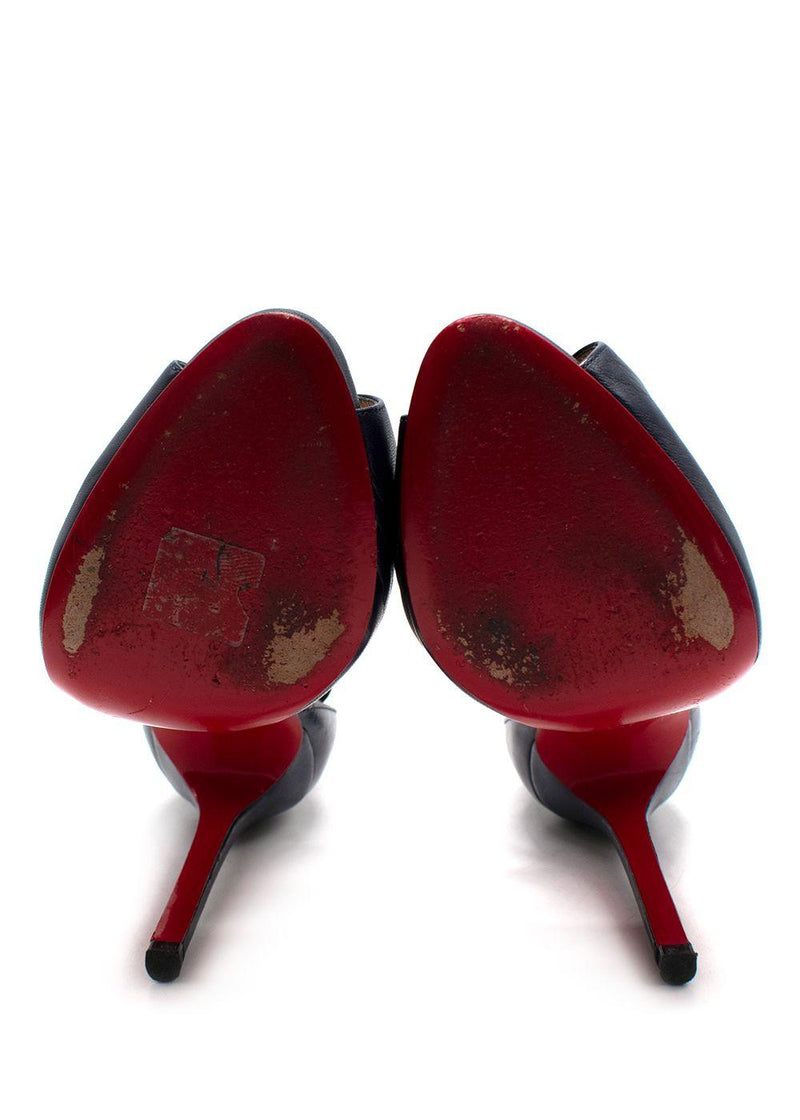 Christian Louboutin Black Leather Peep-Toe T-Strap Heels with Gold Hardware