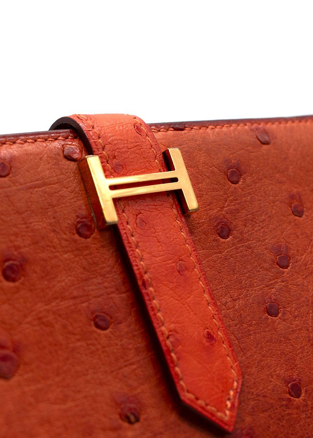 Hermes Orange Ostrich Bearn Wallet with Gold Hardware