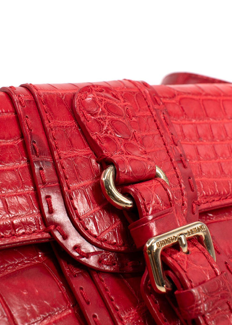 Giorgio Armani Red Crocodile Embossed Buckle Shoulder Bag