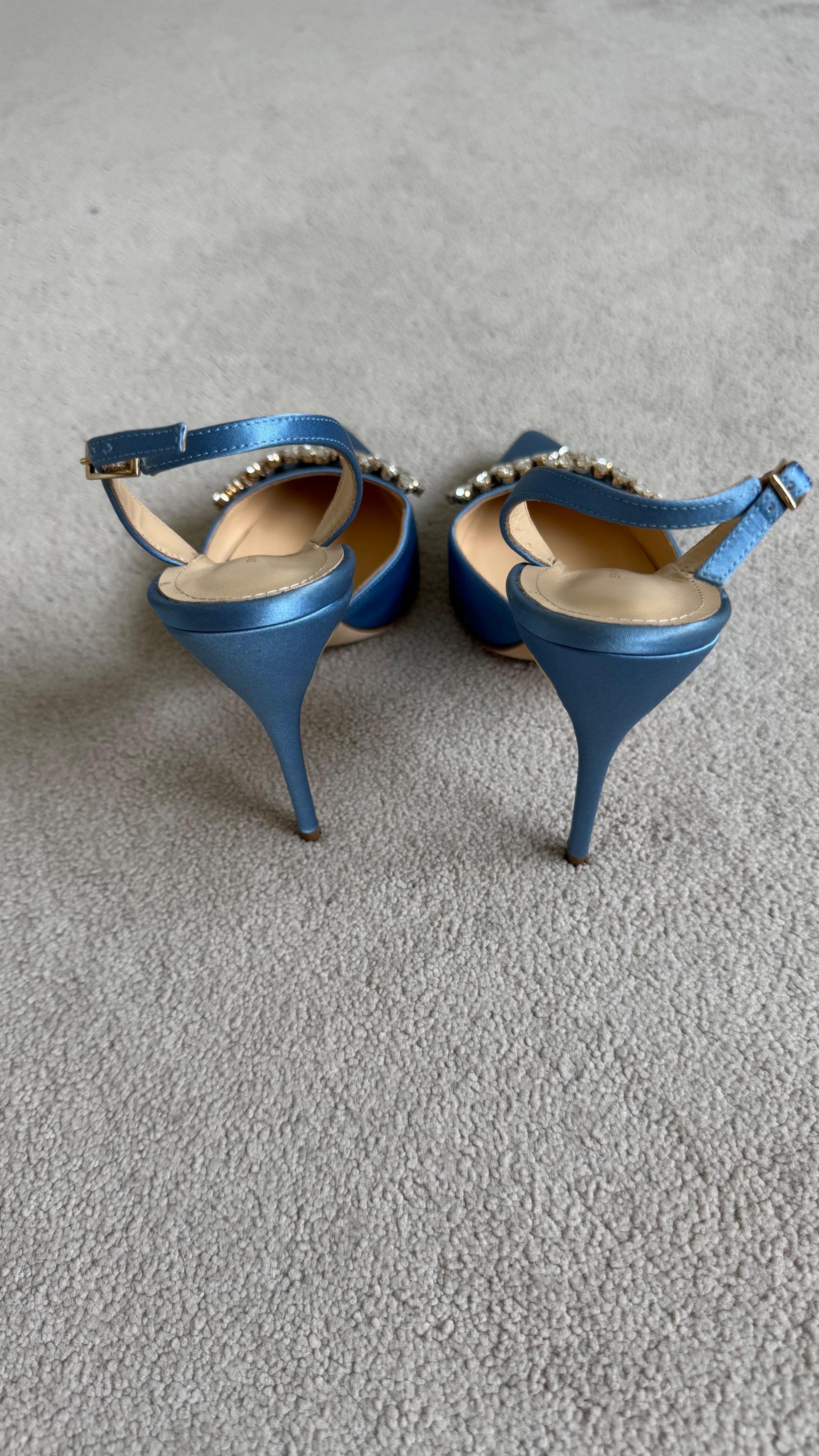 Jennifer Chamandi Embellished Light Blue Satin Slingback Sandals