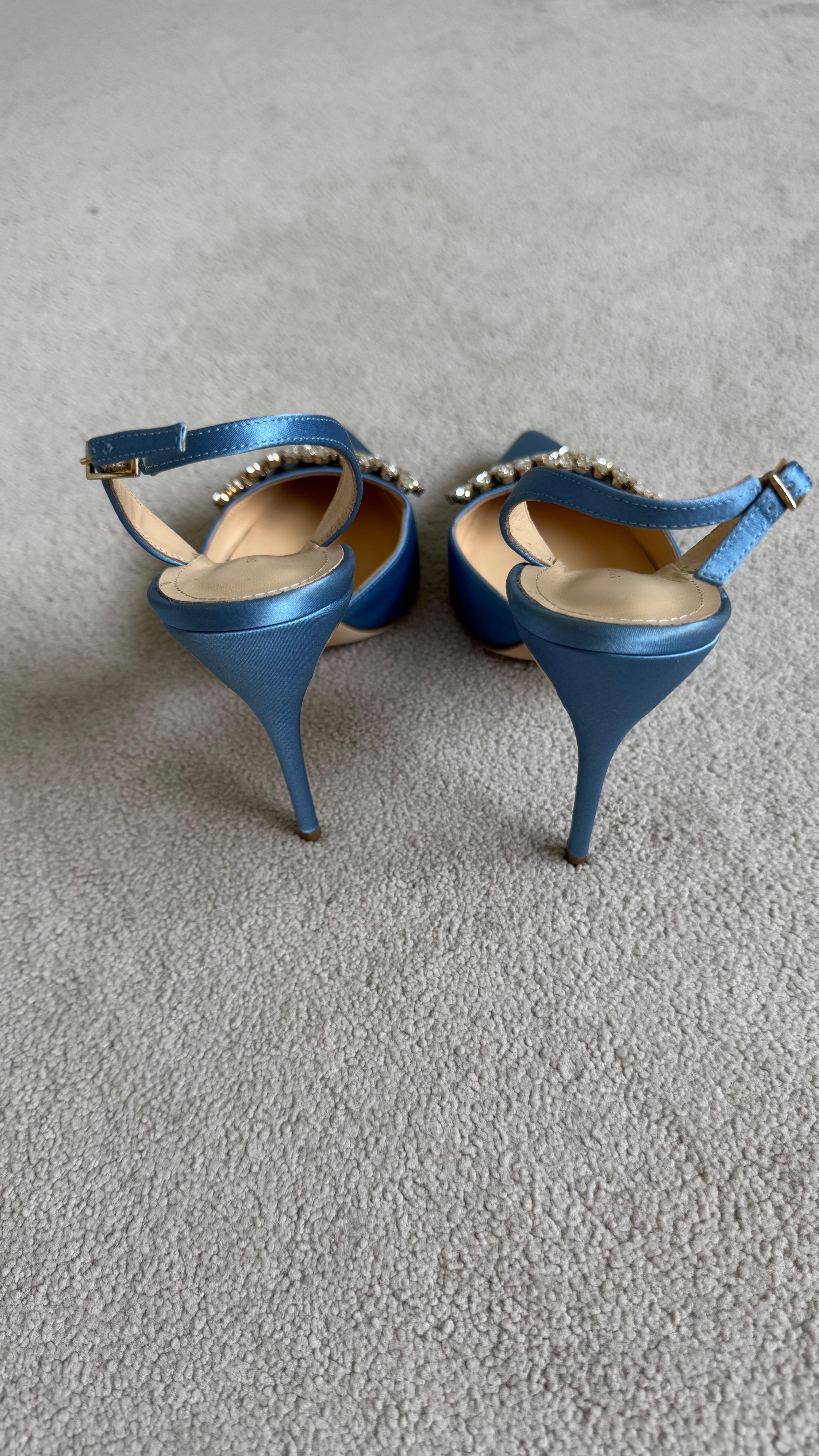 Jennifer Chamandi Embellished Light Blue Satin Slingback Sandals