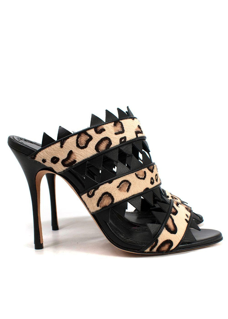 Manolo Blahnik Black Leopard Print Calf Hair Heeled Mules