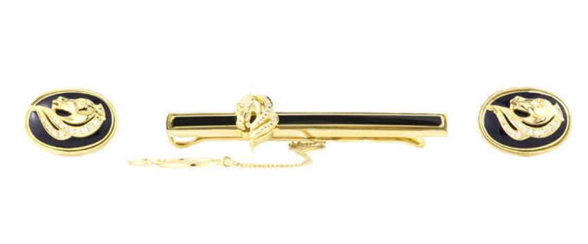 Bespoke Yellow Gold Enamel/Diamond Tie Slide & Cufflinks