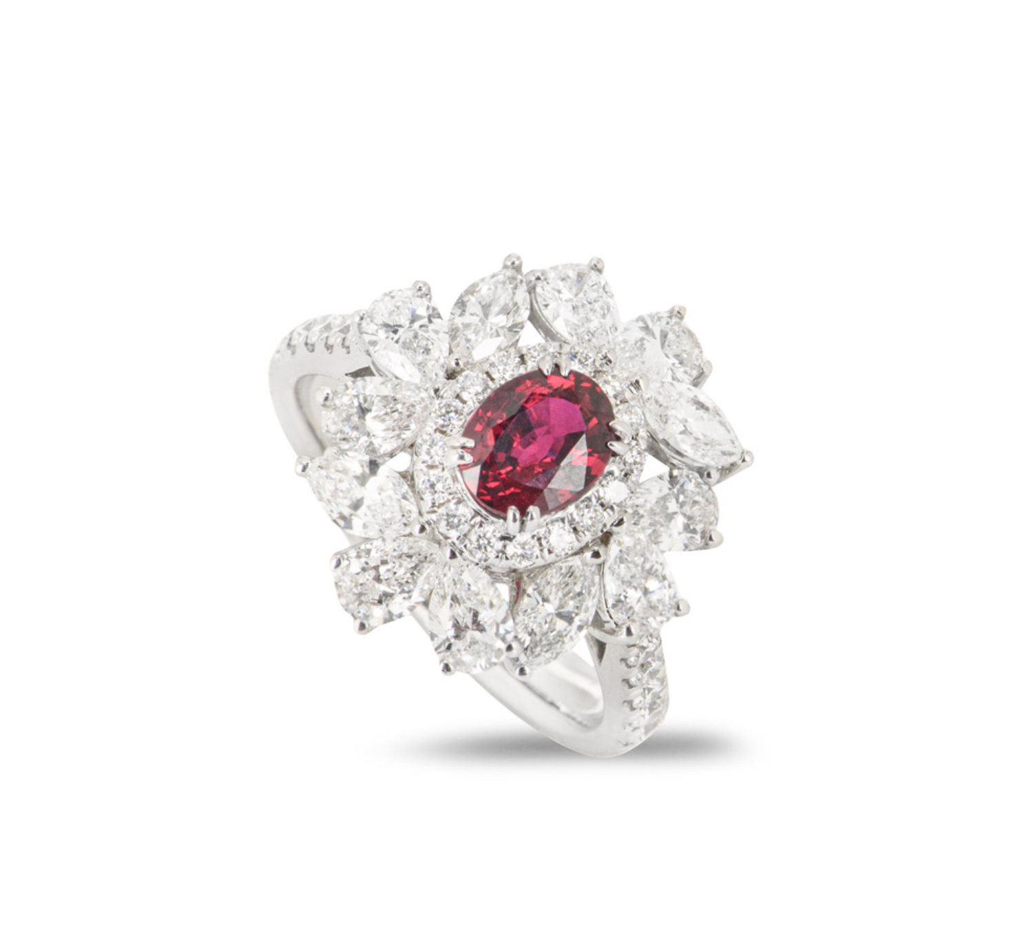 18ct white gold, white diamond & ruby ring 0.87ct 52