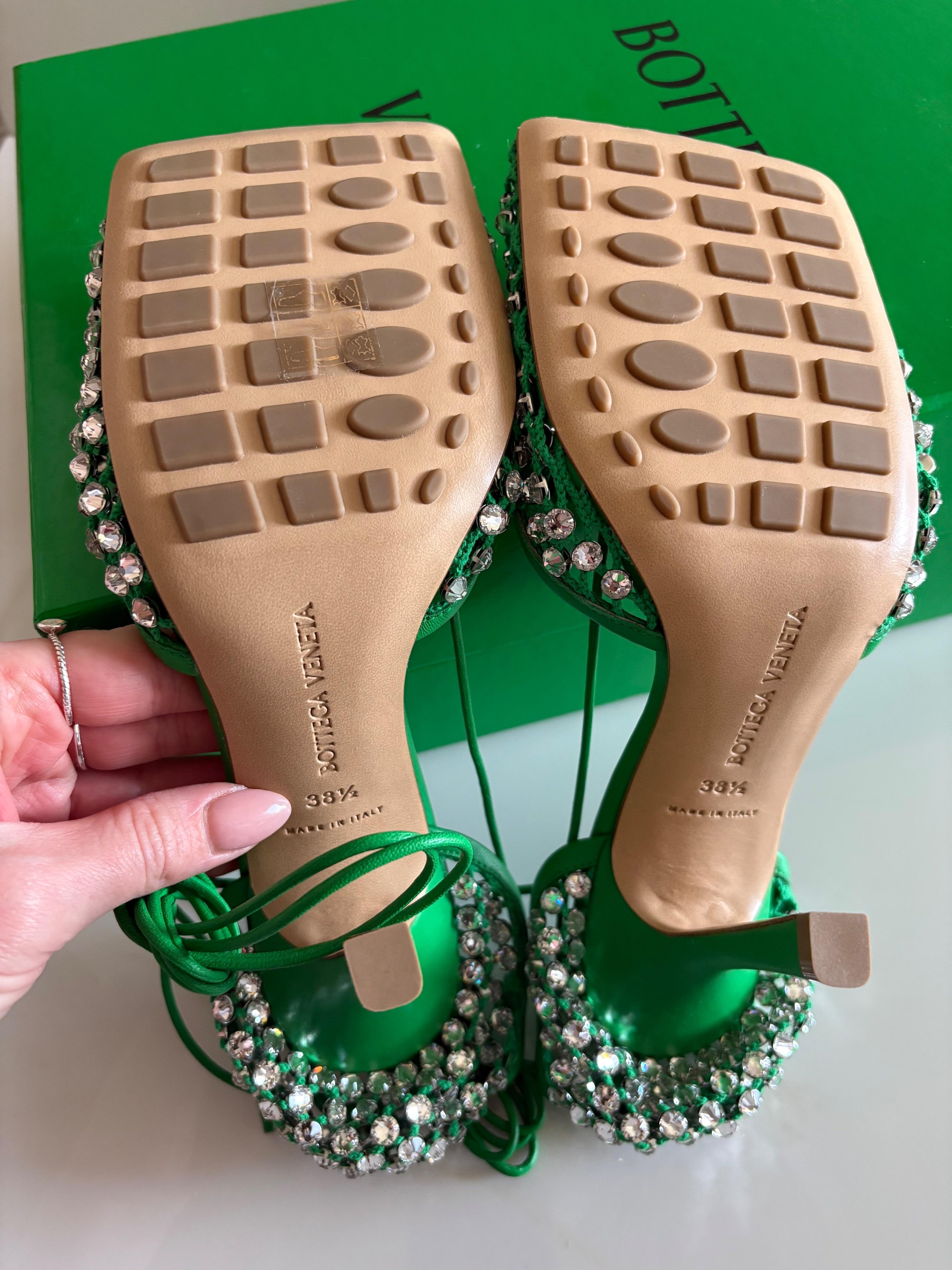 Bottega Veneta Green Sparkle Stretch Crystal Heels