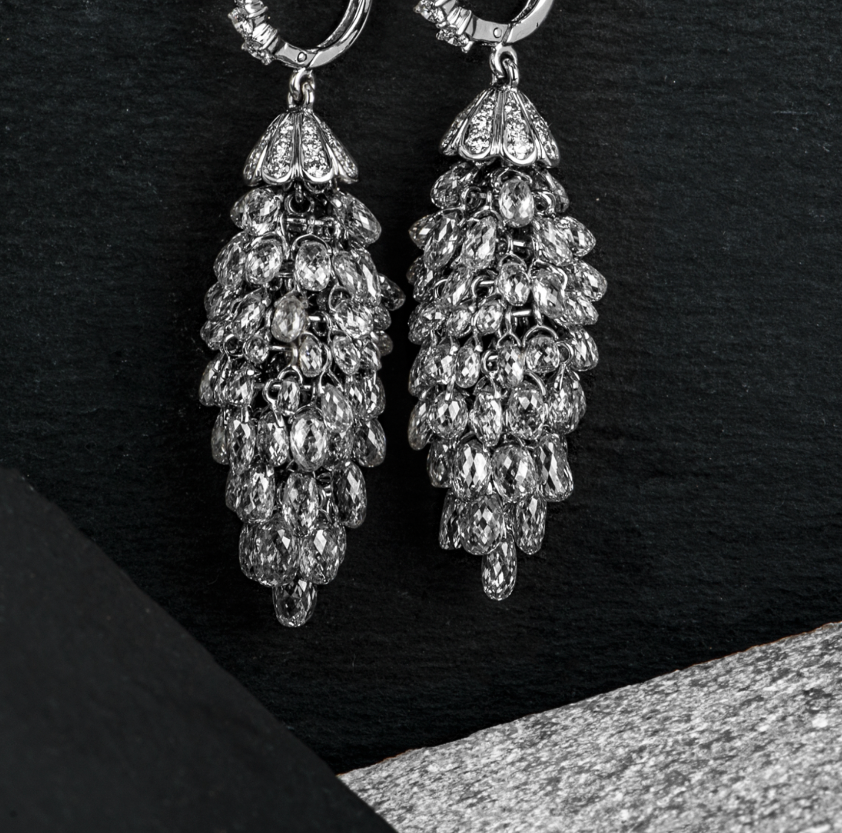 18ct white gold & white diamond Briolette chandelier earrings