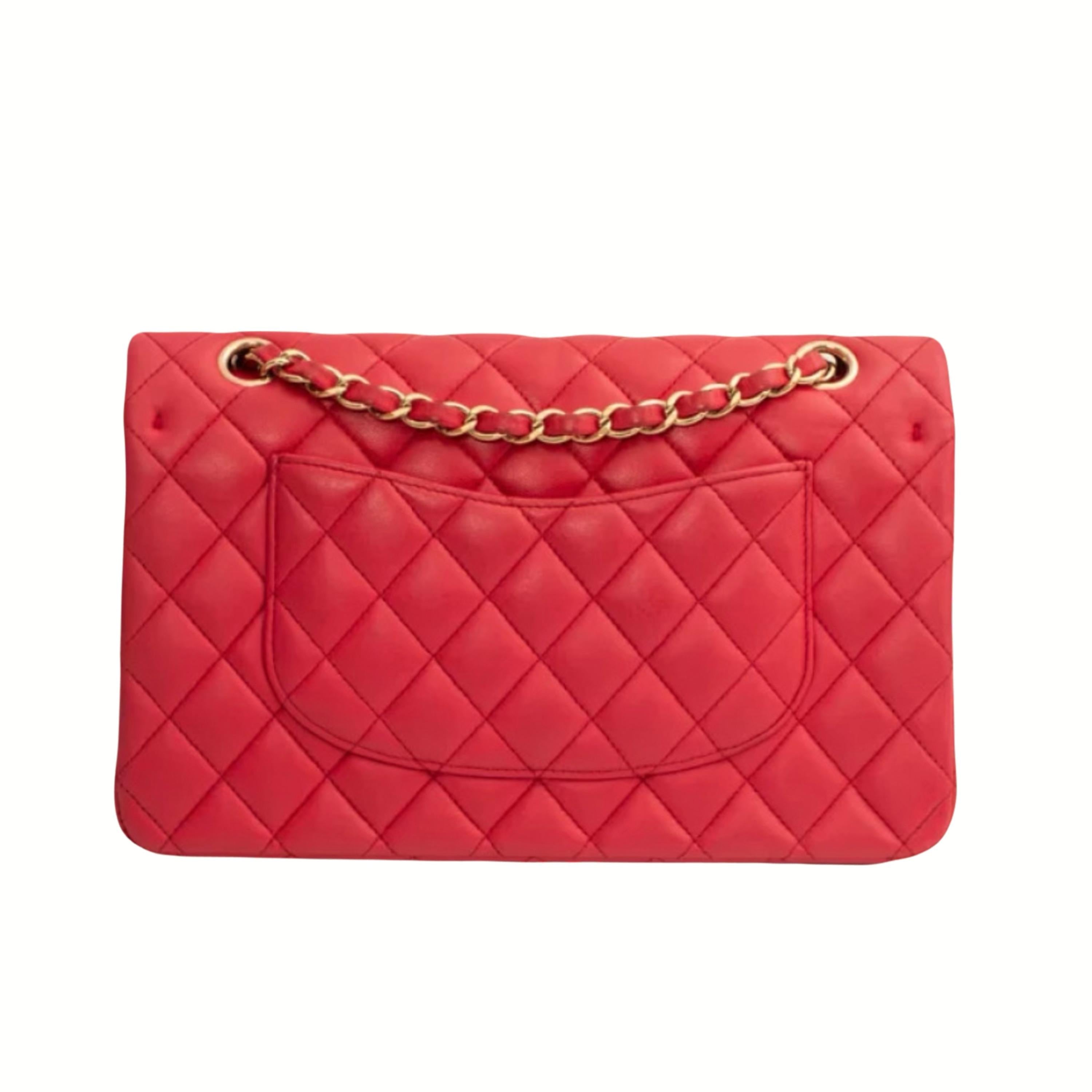 Chanel Red Lambskin Medium Double Flap Bag with Brushed Gold Hardware
