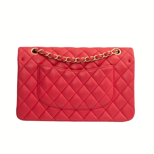 Chanel Red Lambskin Medium Double Flap Bag with Brushed Gold Hardware