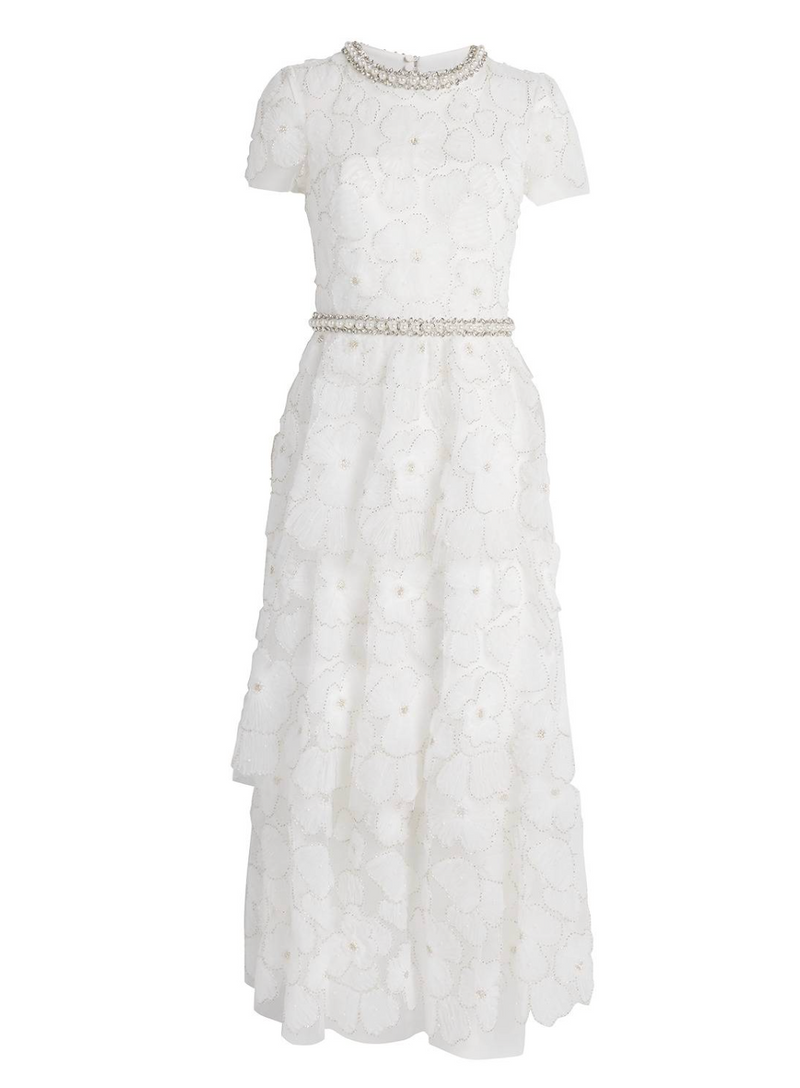 Self Portrait White Embellished Tulle Midi Dress