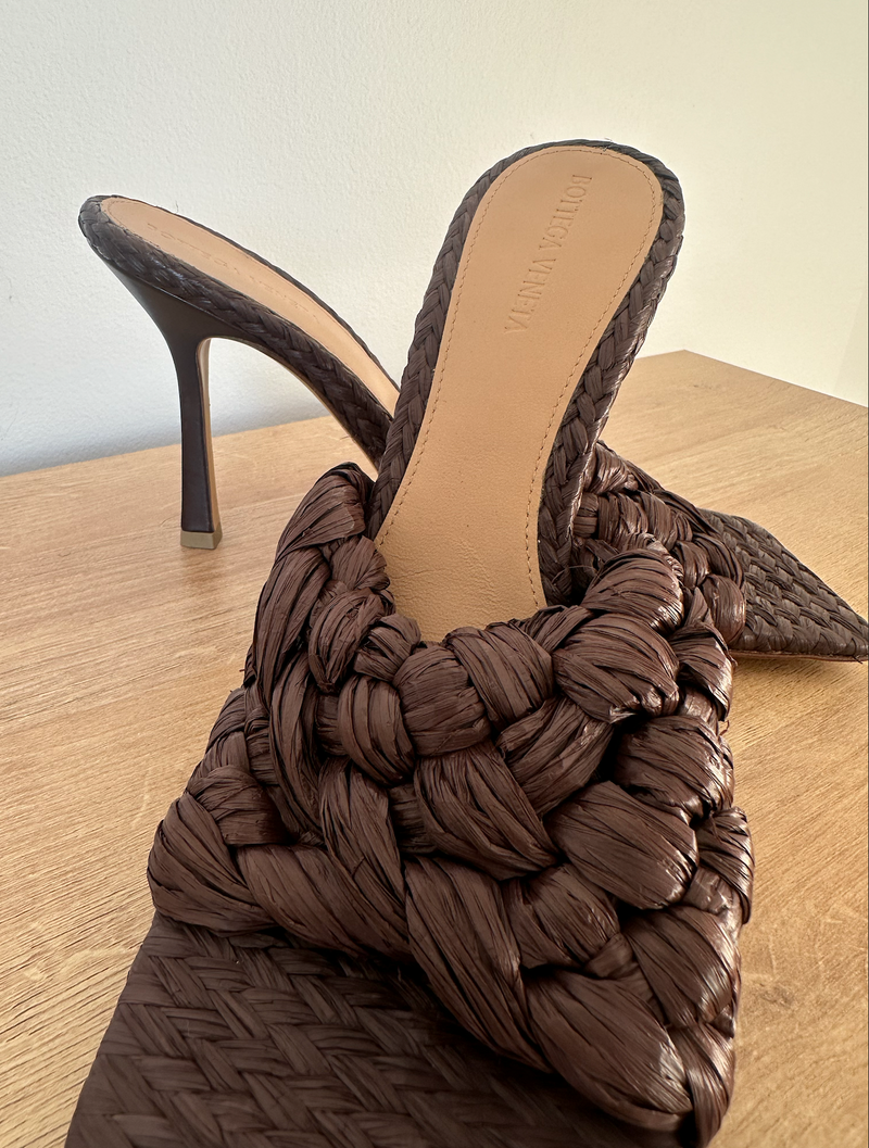 Brown Rafia Intrecciato Stretch Heeled Mules