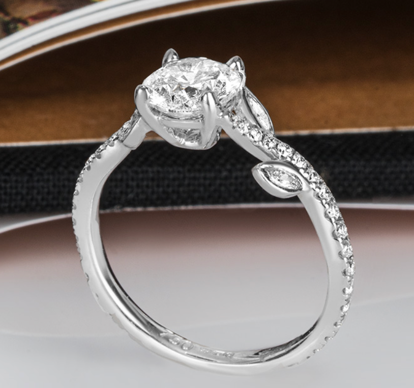 Intricate Floral White Gold Round Brilliant Cut Diamond Ring