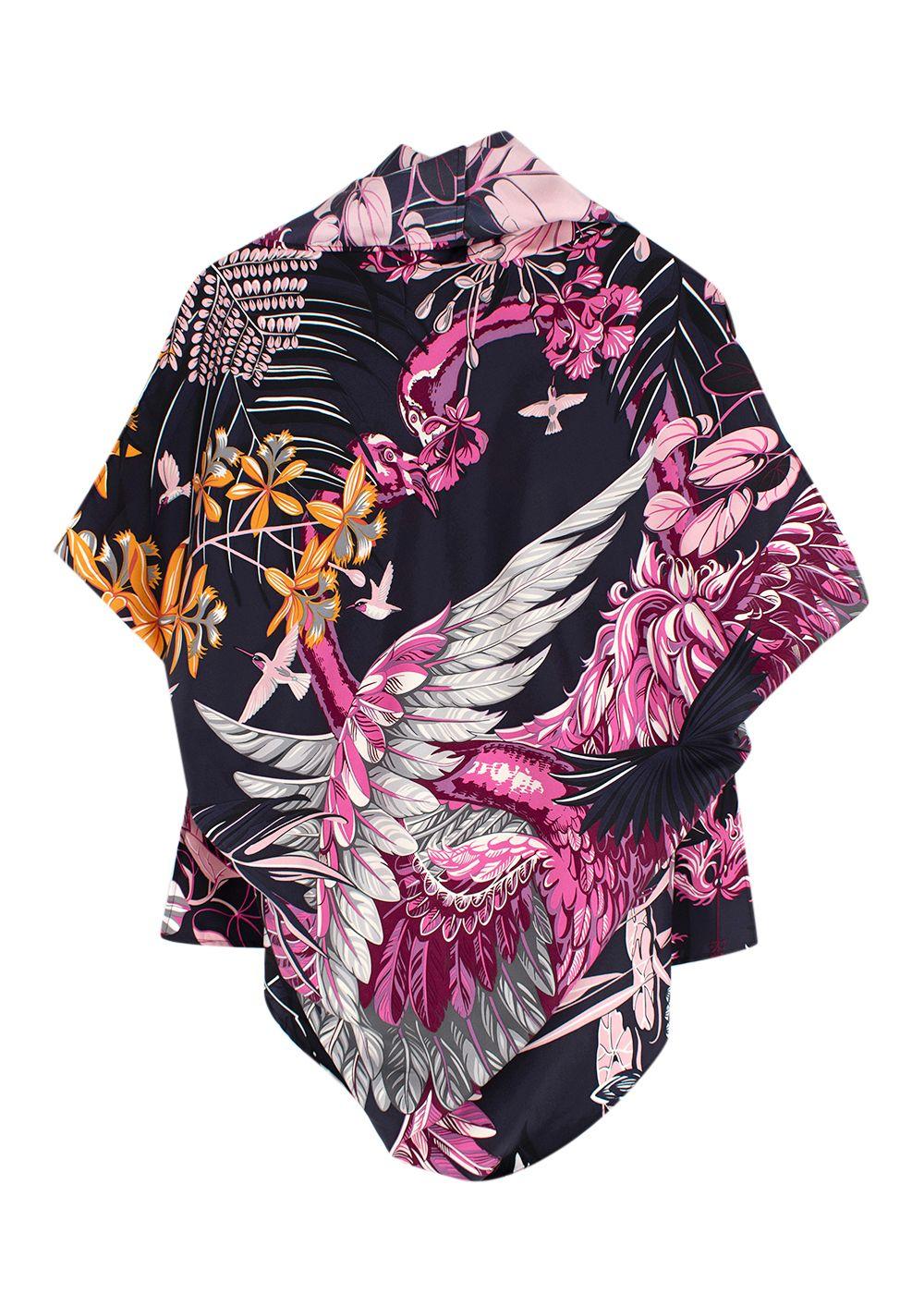 Hermes Navy and Pink Floral Print Silk Lightweight Open Scarf Blouse