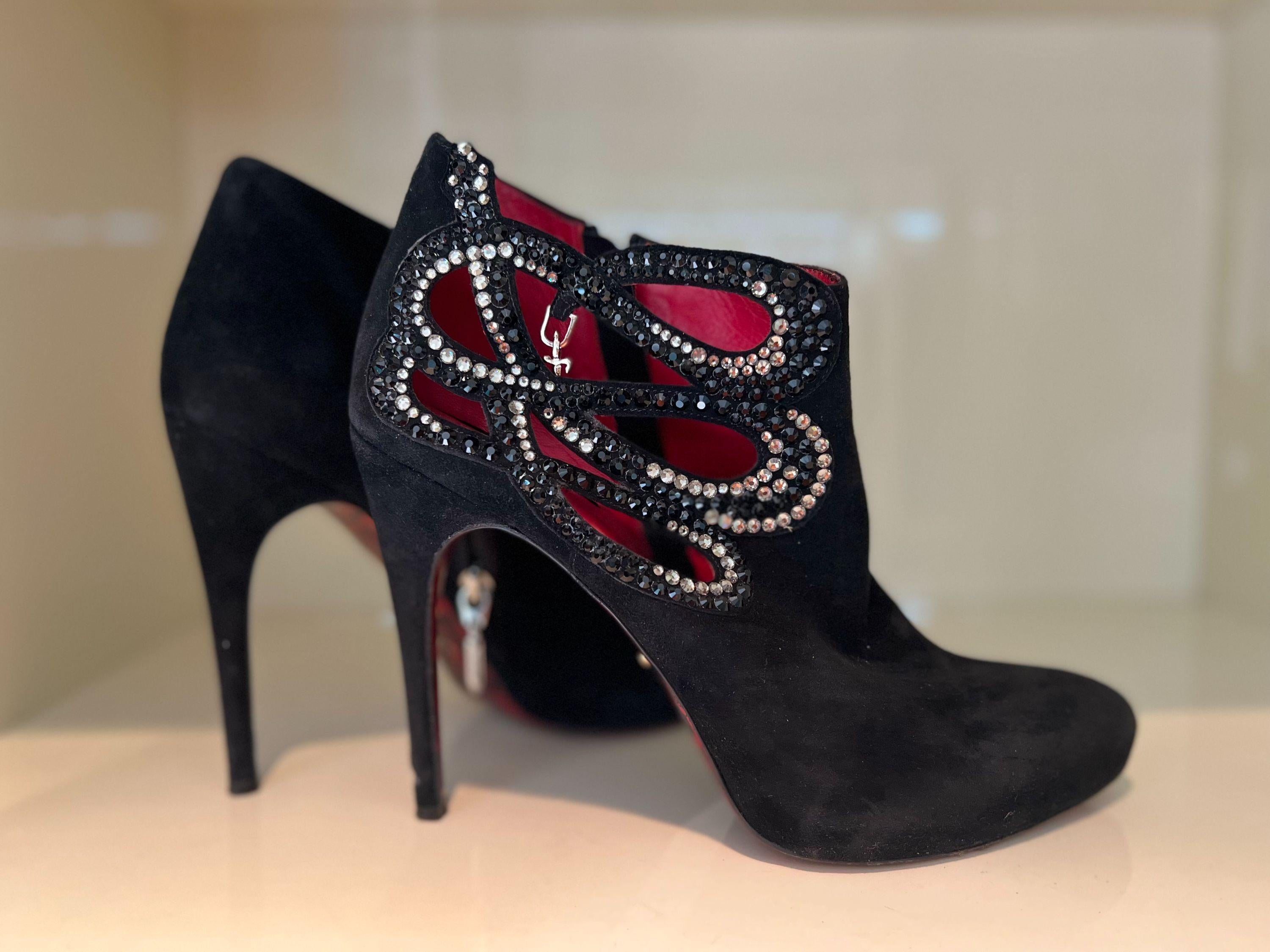 Crystal Embellished Suede Cut-Out Ankle Boots