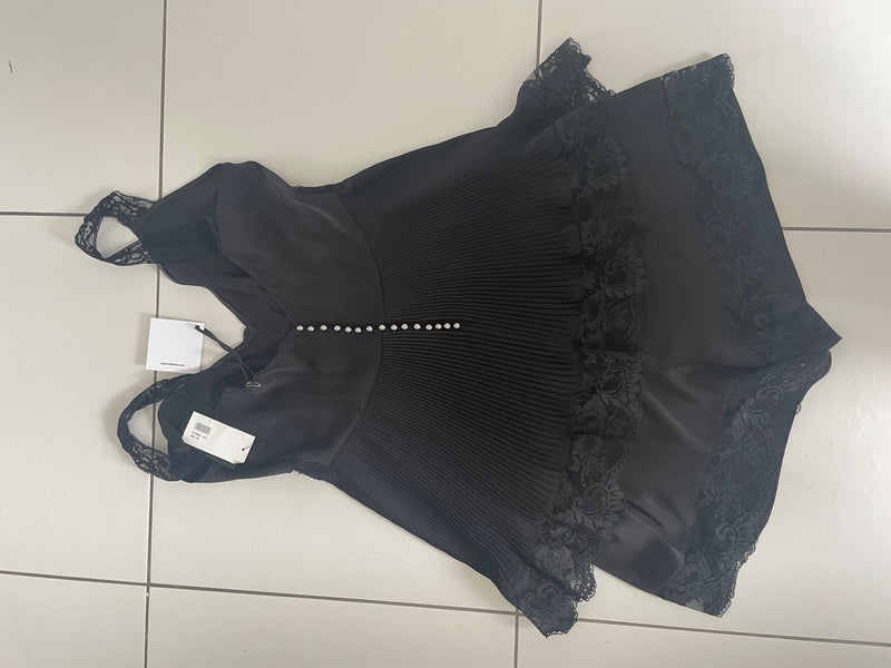 Plisse Black Crepe de Chine Lace Trimmed Top & Shorts Set