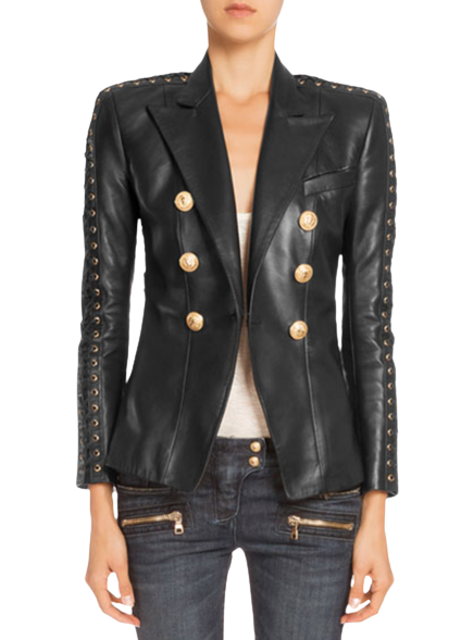 Balmain Black Leather Lace Up Detail Blazer
