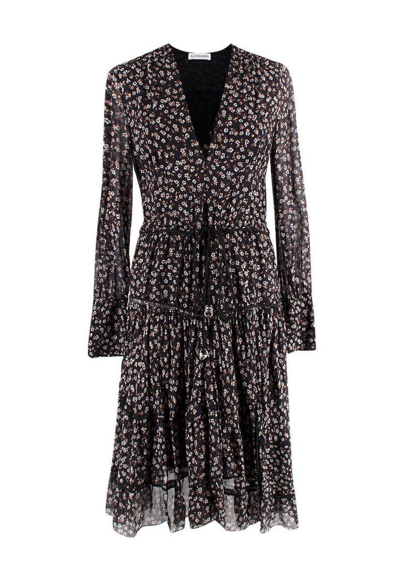 Altuzarra black floral long sleeved tiered dress