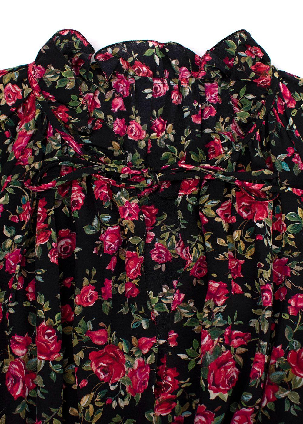 Dolce & Gabbana Black and Rose Floral Midi Silk Dress