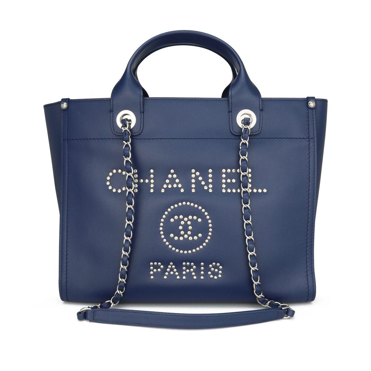 Studded Navy Blue Caviar Deauville Tote Small